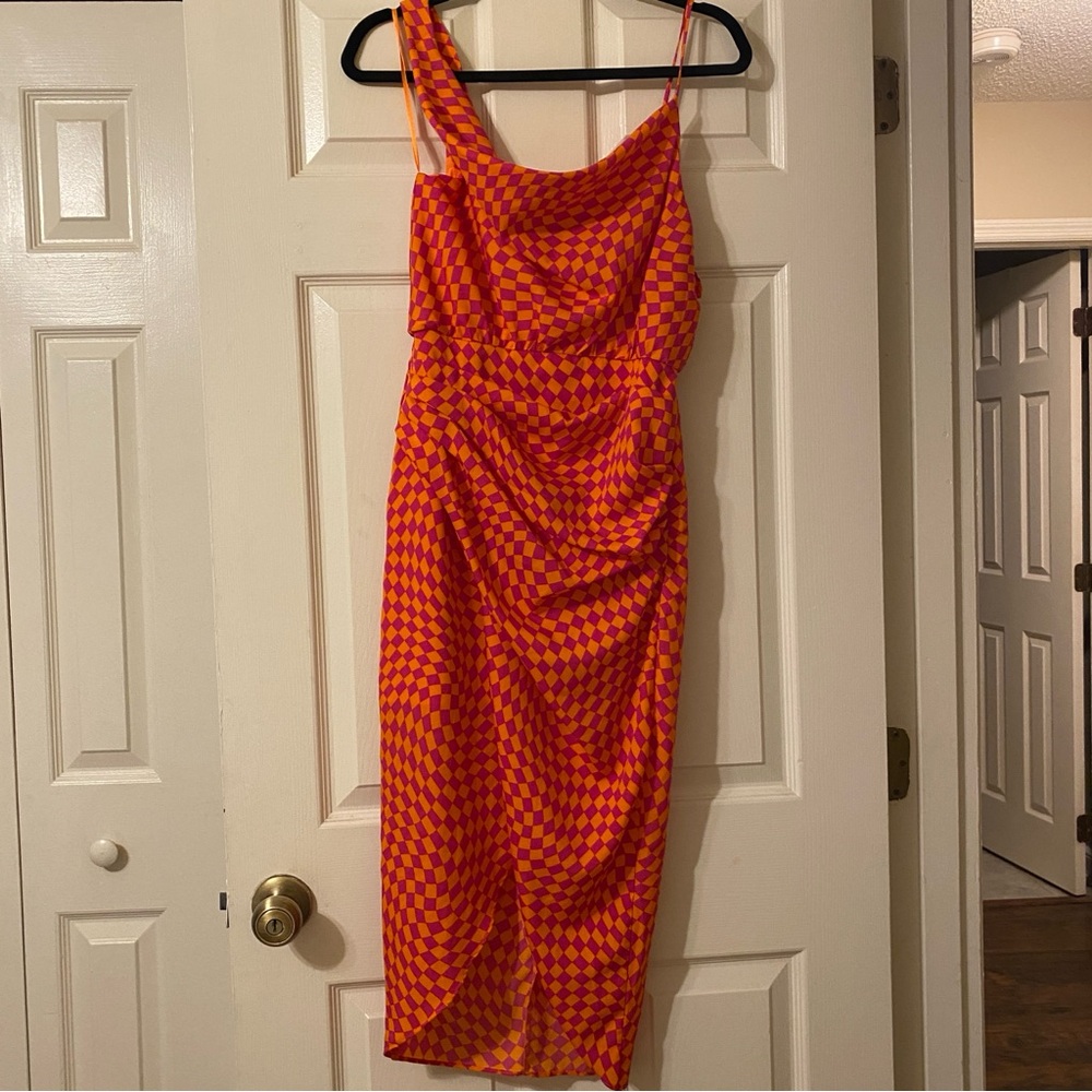 Vibrant Orange & Pink Checkered Midi Dress – DO+BE, Size Small